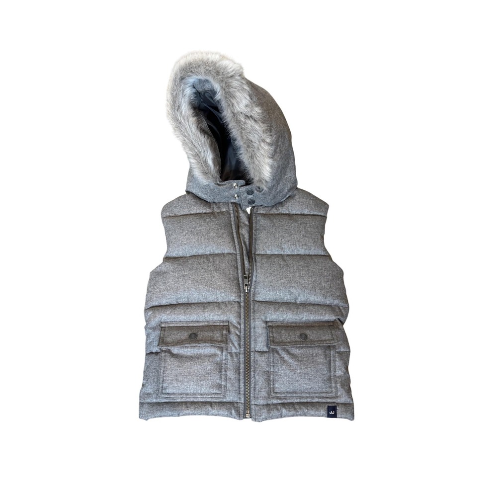 Janie And Jack Vest Girls‎ 3-4 Gray Puffer Hooded Faux Fur Winter Warm Cozy